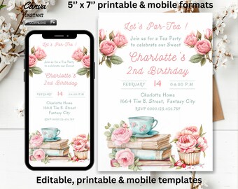 Editable Tea Party Birthday Invitation, Girl Par-Tea Invite, Floral Pink blue, Whimsical Tea Download Printable Template, instant download