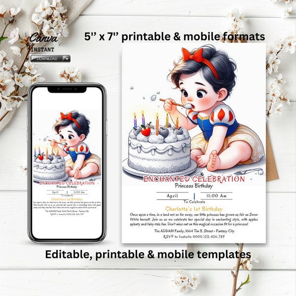 Editable Sweet Little Princess Birthday Invitation Template, Snow White Invite, Fantasy Themed, first birth birthday, fairytale, baby shower
