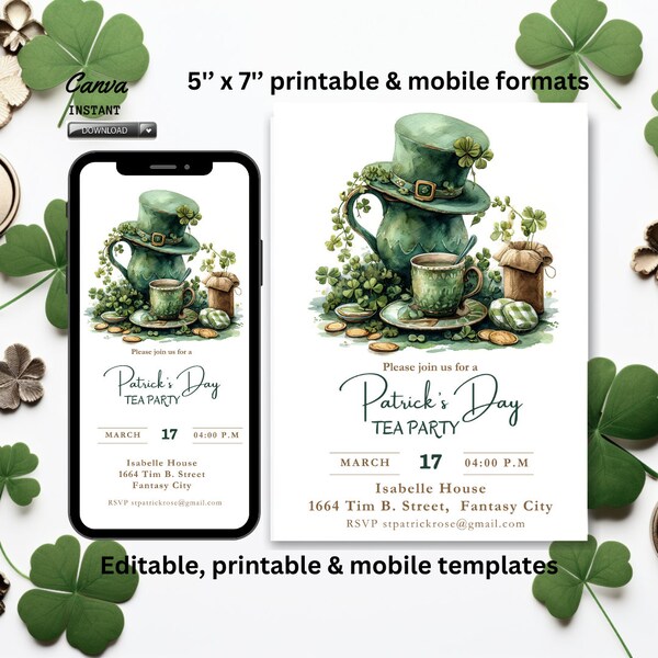 Editable St. Patrick's Day Invitation Shamrock Saint Patrick's Day Party Invite tea Party Green Irish Any Event Editable Printable Download