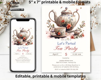 Editable Tea Party Birthday Invitation, Par-Tea Invite, Floral Pink blue, Whimsical Tea Download Printable Template, instant download