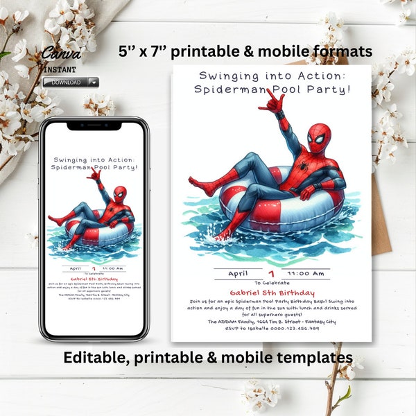 Editable Spiderman Pool Party Invitation template, Superhero Birthday, Birthday Bash,  instant download, Pajamas party, End of school