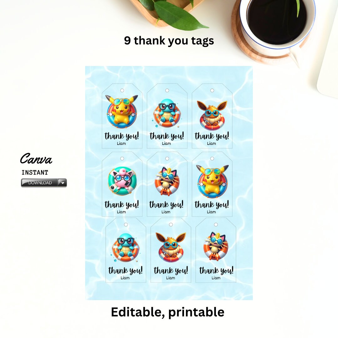 Editable POKEMON Pool Party Thank You Template, PICKACHU Squirtle ...