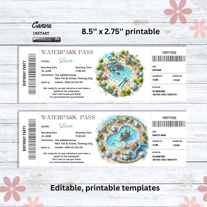 Editable Waterpark Party Pass Ticket Invitation Template, Birthday Bash, Summer Party Graduation ...