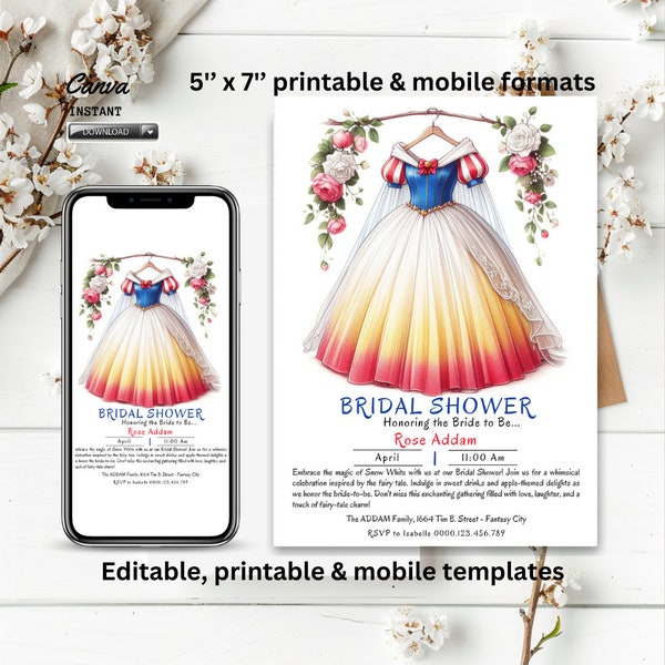 Editable Princess Bridal Shower Invitation Template, Snow White Invite, Fantasy apple Themed, Girls Night out, fairytale, birthday, Canva