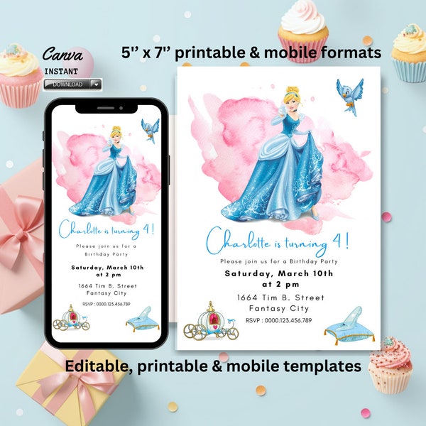 EDITABLE Cinderella Birthday Invitation Template, Printable Royale Party Invite, Digital Kids Party Template, Princess, Instant Download