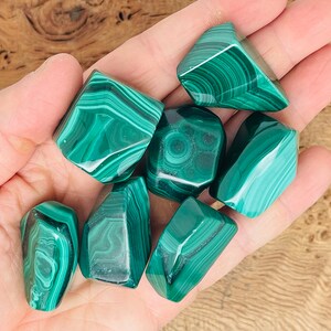 May include: A collection of polished malachite stones, each displaying a rich green color with intricate, swirling patterns. The stones vary in size and shape, showcasing the natural beauty of the mineral. The malachite is held in a hand.