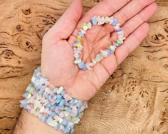 Aquamarine Morganite Bracelet Gemstone Chips - Brazilian Natural Crystals Stretchy Bracelets - Chip Bracelets - Chakra Healing Crystal Chip