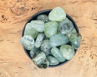 Prehnite Tumbled Stone - With Black Tourmaline - Minerals - Green Prehnite - Healing