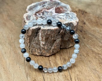 Black Tourmalinated Quartz Bracelet Gemstone Beads - Natural Crystals Stretchy Bracelets - Calming & Healing Crystal Jewelry