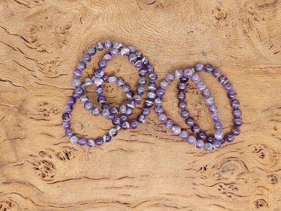2 Bracciali Elasticizzati Con Ametista Naturale | Perline Di Cristallo Viola | Guarigione E Riduzione Stress | Regalo Benessere