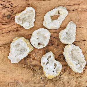 May include: Seven white quartz crystal clusters with a hollow center, arranged on a wooden surface.