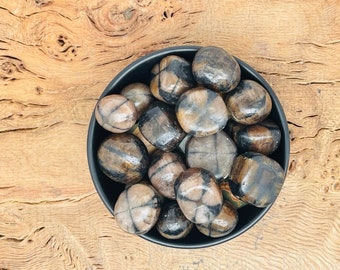 May include: A black bowl filled with tumbled brown and black stones. The stones have a unique cross-hatch pattern.