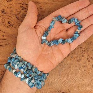 Può includere: Un braccialetto di chip di pietre blu con un ciondolo a forma di cuore. Il braccialetto è fatto di piccoli chip di pietre blu di forma irregolare. Il ciondolo è anche fatto di chip di pietre blu e ha la forma di un cuore.