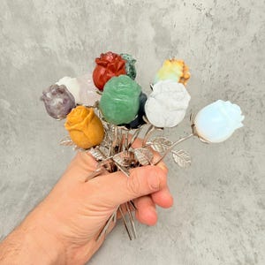 Può includere: Un bouquet di rose di pietre preziose in vari colori, tra cui rosso, verde, giallo e bianco. Le teste delle rose sono scolpite in diverse pietre e montate su steli d'argento con dettagli di foglie. Il bouquet è tenuto in una mano.