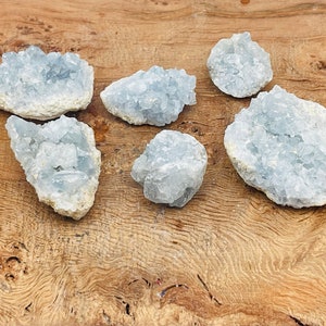 Puede incluir: Seis grupos de cristales de celestita azul claro de diferentes tamaños sobre una superficie de madera.