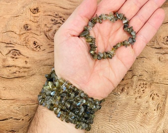 Pulsera de labradorita chips de piedras preciosas - pulseras elásticas de cristales naturales - pulseras de chip - chip de cristal curativo de chakra - lotes a granel