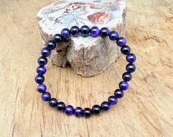 Purple Tiger Eye Bracelet Gemstone Beads - Natural Crystals Stretchy Bracelets - Calming & Healing Crystal Jewelry