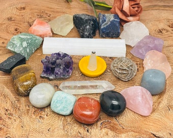 Beginners Crystal Kit - Natural Rough & Tumbled Stones - Chakra Protection Healing Set - Crystal Starter Set - -  21 Pcs In 2 Box
