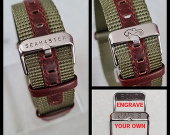 20mm SEAMASTER Watch Strap Buckle Military Ballistic Nylon 20mm Watch Band James Bond 007 Style Olive Green Brown Real Leather