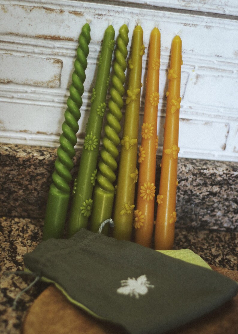 Beeswax Taper Candles Set of 6, Hand Decorated Candles, Floral Bee Candles, Natural Wax Gift, Linen Pouch, Eco Friendly Home Decor image 10