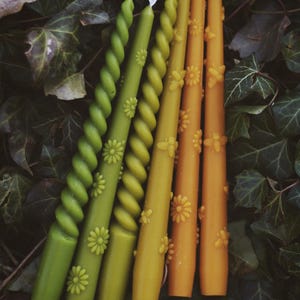 May include: A set of six taper candles in shades of green and yellow. Three candles feature a twisted spiral design with embossed daisy motifs, while the other three are smooth, straight cylinders decorated with embossed bee and daisy patterns.