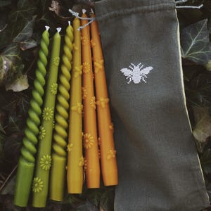 Beeswax Taper Candles Set of 6, Hand Decorated Candles, Floral Bee Candles, Natural Wax Gift, Linen Pouch, Eco Friendly Home Decor image 1
