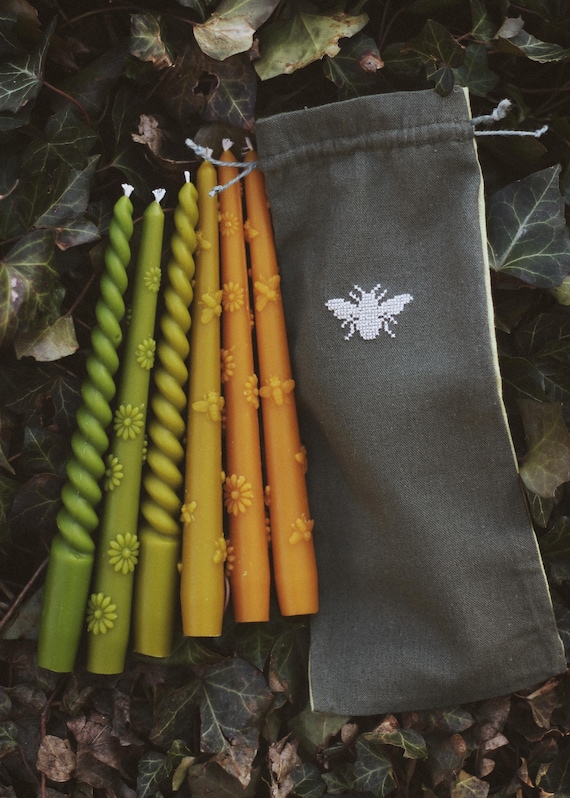 Beeswax Taper Candles Set of 6, Hand Decorated Candles, Floral Bee Candles, Natural Wax Gift, Linen Pouch, Eco Friendly Home Decor