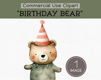 Cute Bear Clipart, Birthday Party Animal, Watercolor Illustration, Printable Nursery Decor, Kids Party Invitation Design, Digital Download