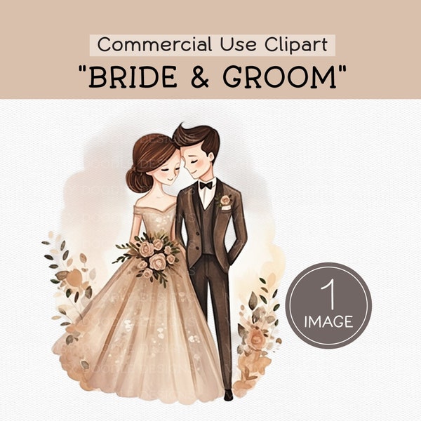 Wedding Couple Illustration Clipart, Bridal Dress and Groom Suit, Digital Download, Romantic Graphics for Invitations & Cards