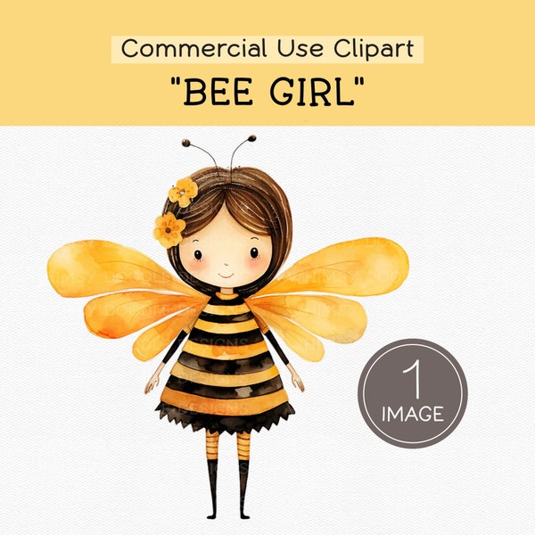 Whimsical Bee Girl Clipart, Cute Bumblebee Digital Download, Kids Illustration, Scrapbooking, Party Invitations, Craft Supplies