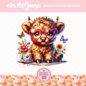 Watercolor Spring Highland Cow Png , Easter Spring Highland Cow Clipart, Baby Cow Png Design, Cute Summer Sublimation Design, Tea Lovers Png