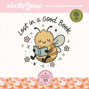 Lost In A Good Book PNG, gemütliches Lesebienendesign, Pastellbuchliebhaberclipart, wunderliche unscharfe Biene druckbar, handgezeichnete niedliche Bienenkunst, POD