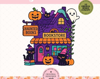 Haunted Bookstore PNG, Halloween Book Lover Clipart, Witchy Bookshop Digital Art, Spooky Cute Cat Ghost Pumpkin Illustration, Trendy Png