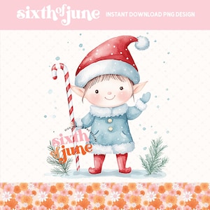 Weihnachtself Mädchen PNG Sublimation Design Niedlich Urlaub Charakter Zuckerstange Winter Kinder Kunst Digitaler Download, Wandkunst, Becher, T-Shirt, Trendy