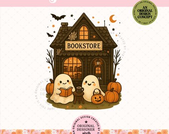 Ghost Friends at the Bookstore PNG, Cozy Halloween Ghosts Reading Clipart, Digital Bookish Fall Sublimation Design, Cute Ghost PNG Download