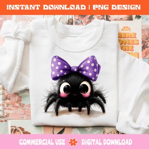 May include: White long-sleeved top with a cartoon spider wearing a purple polka-dot bow. The spider has large eyes and pink cheeks. Text at the top reads "INSTANT DOWNLOAD | PNG DESIGN". The bottom text reads "COMMERCIAL USE DIGITAL DOWNLOAD".