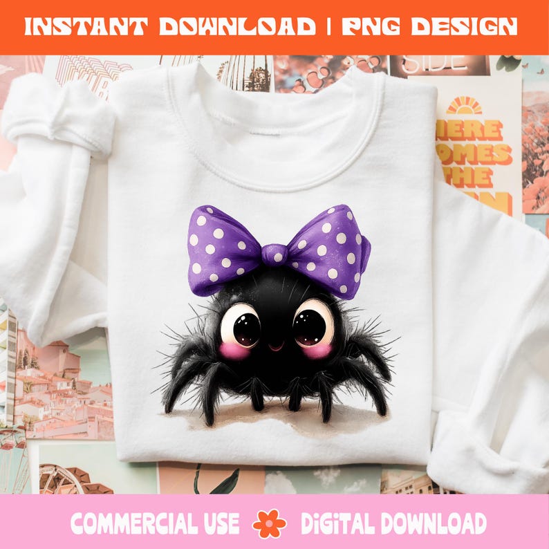May include: White long-sleeved top with a cartoon spider wearing a purple polka-dot bow. The spider has large eyes and pink cheeks. Text at the top reads "INSTANT DOWNLOAD | PNG DESIGN". The bottom text reads "COMMERCIAL USE DIGITAL DOWNLOAD".