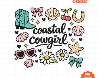 Coastal Cowgirl Clipart PNG Bundle, Western Beach Coquette Design, Retro Summer Cowgirl Graphics, Sublimation PNG