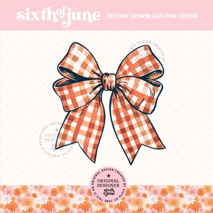 Preppy Orange Gingham Coquette Bow PNG Sublimation, Grandmillennial Pretty Bow Clipart, Trendy Girly Png, Whimsical Girls T-Shirt Design