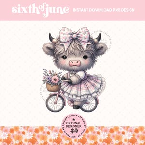 Mignonne vache Highland printanière Png, Design en sublimation de décoration printanière de ferme, vache d'été Png, bicyclette Highland vache, graphiques de chemise fille, amateur de vache Png