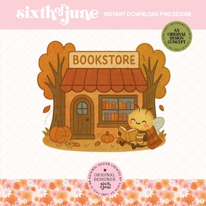 Vintage Bee Bookstore PNG, Cyfrowy clipart pszczół dla miłośników książek, Projekt sublimacji pszczół Cottagecore, Retro Bee PNG do pobrania, POD, Dtf
