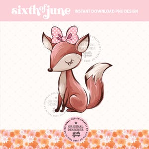 Bébé renard PNG, jolie fille renard Clipart, illustration de shower de bébé noeud rose, chambre d'enfant des bois Art animalier pour Invitation, T-shirt, art mural, DTF