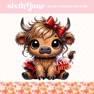 Cute Highland Cow PNG, Adorable Sublimation Design, Baby Cow with Red Bow, Digital Download for DIY Crafts, Instant Download, Trending PNG
