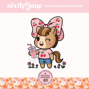 PNG poney kawaii, clipart cheval fille mignonne, illustration de shower de bébé noeud cerise, pépinière d'art animalier de la ferme pour invitation, T-shirt, art mural
