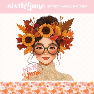 Herfst meisje sublimatie ontwerp, zonnebloemmeisje png, herfst vrouwen clipart, herfstbladeren illustratie, trendy retro herfst meisje png, mok, sticker