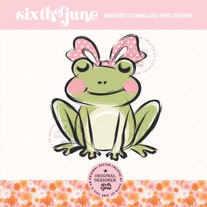 Grenouille mignonne PNG, Clipart grenouille coquette girly mignon, noeud rose Illustration de shower de bébé, chambre d'art animalier pour Invitation, T-shirt, art mural