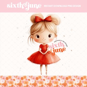 Cute Cartoon Girl in Red Dress PNG, Sublimation Design for Mugs T-Shirts, Christmas Clipart for DIY Craft Projects, Wall Art, Mug, T-Shirt