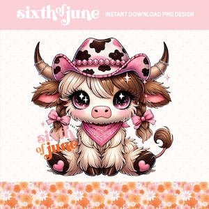 Vaca de las tierras altas PNG, sublimación de vaca linda, diseño de vaquera, clipart de vaca kawaii, imagen de vaca imprimible, descarga digital, POD, diseño de camiseta, taza