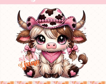Highland Cow png, Coquette Cowgirl Design, Cute Kawaii Cow png, Pink Bow Cow, Western Cowgirl Aesthetic png