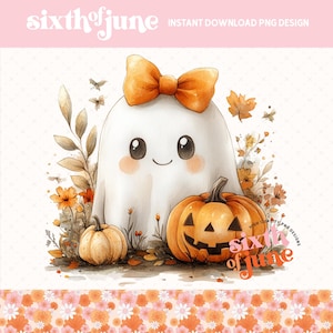 Lindo fantasma de Halloween con calabaza y lazo PNG, diseños de sublimación, decoración con temática de otoño, arte de vainas de otoño, impresión de fantasma caprichosa, calcomanía